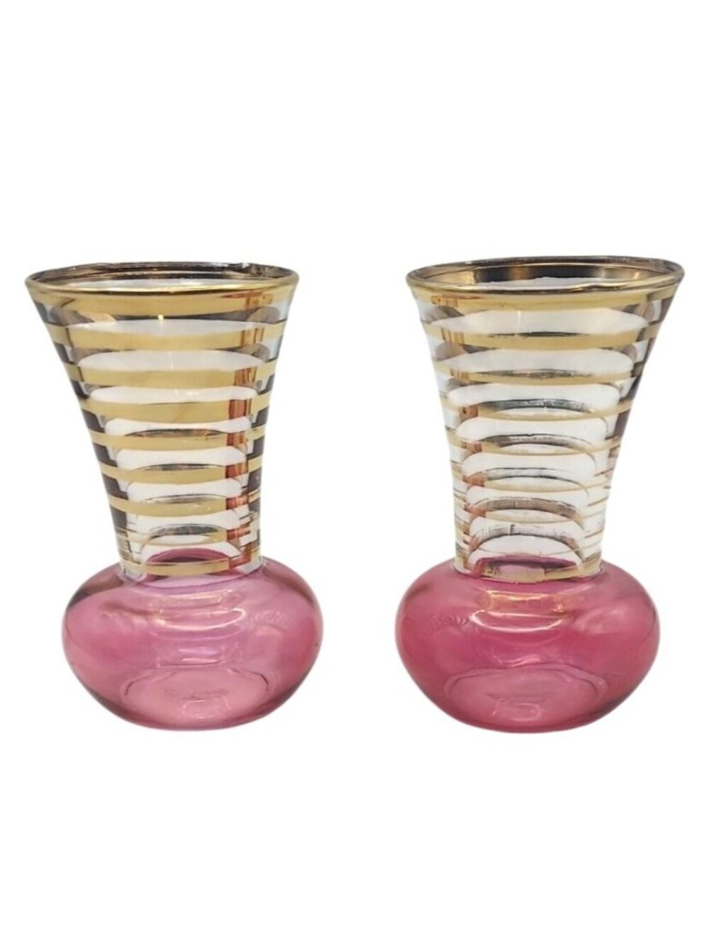 Vintage Bartlett Collins Atomic Pink & Gold Striped Bud Vases Set Of 2 MCM